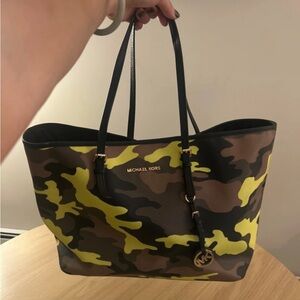 Michael Kors Camouflage Tote - Neon Yellow, Brown, Black